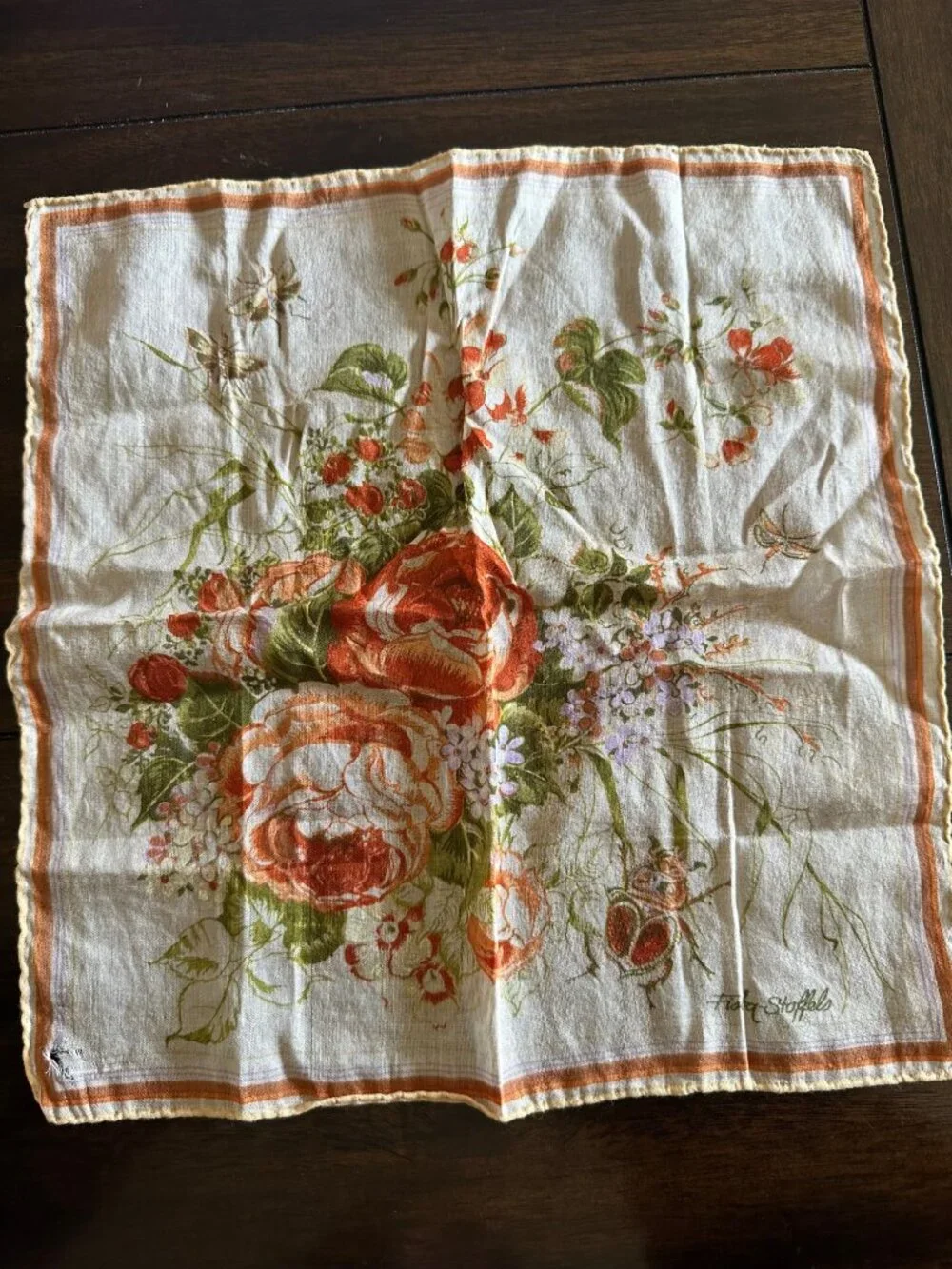 Vintage Flora Stoffels Handkerchief With Orange Roses & Bugs Print